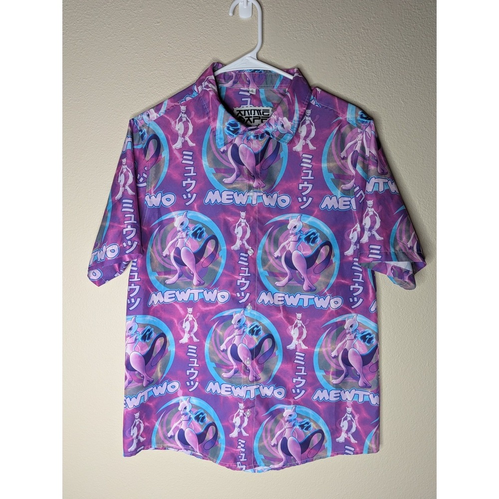 Anime Ape Mewtwo Pokemon All Over Print Button Down Shirt Mens Small Purple